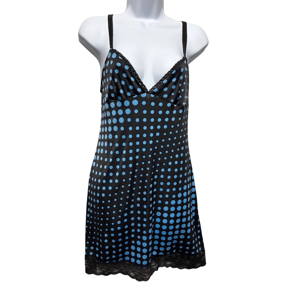 Old Navy Intimates Babydoll Mini Slip Dress S Black Blue Polka Dot Lace Trim Y2K